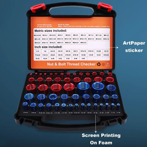 54-Piece Nut And Bolt Thread Checker Kit For Tight Spaces With 27 Inch And 27 Metric Sizes Pro Grade Bolt And Nut Identifier Gauge In An Organized Foam Tray For Quick Inspections open view showing metric and inch sizes.