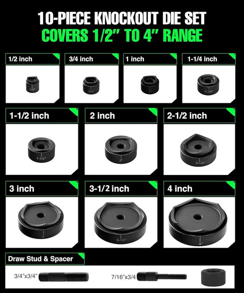 Hydraulic Knockout Punch Set 1/2 To 4 Inch, 15-Ton Capacity, with 10 dies and draw stud for punching metal, DIY heavy-duty tool.