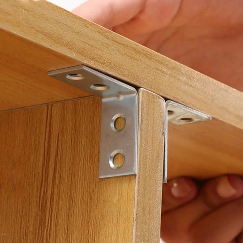 10 Pack Right Angle Corner Brackets For Furniture And Cabinets, iron joint fasteners installed on wooden shelf, 3 x 3 x 1.5 cm