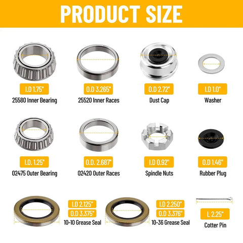 Trailer Hub Bearing Kit For 8000 Lb Axles Four Sets Included With Inner Bearings 25580, 25520, 02475, 02420, Grease Seals, and More
