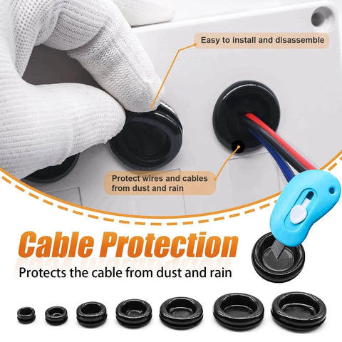 Closed Rubber Grommet Kit With Firewall Hole Plugs Assortment in Seven Sizes used for cable protection installation