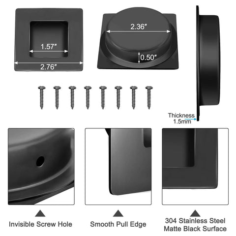 2-3/4 Inch Recessed Finger Flush Pulls For Pocket Doors Matte Black Stainless Steel 4 Pack details and measurements