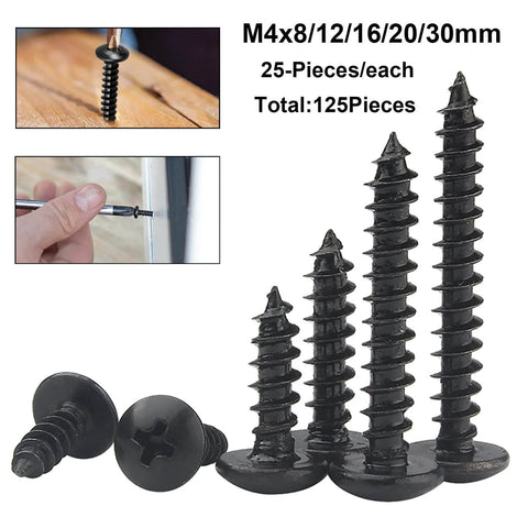 125 Pieces M4 Wood And Metal Screws Set With Black Truss Head Phillips Screws 8 12 16 20 30mm Type A Point Self Tapping