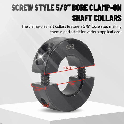Four Pack Black Five Eighth Inch Bore Double Split Clamp On Shaft Collars Screw Set For Automotive And Industrial Use Durable Carbon Steel Construction With One And Five Sixteenths Inch Outer Diameter And Seven Sixteenths Inch Width