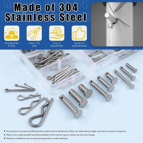 122-Piece Pin Fastener Set With 4 Styles Clevis Pins, Cotter Pins, Dowel Pins, And Hair Pins For Gearheads in 304 Stainless Steel