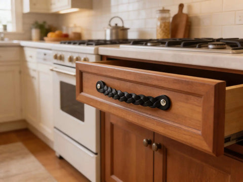 Braided Black Leather Drawer Pulls Set Four Pack Six And A Half Inch Length Leather Handles For Cabinets Dressers And Nightstands Upgrade Your Furniture With Industrial Style Knobs And Premium Rustic Charm installed on wooden kitchen drawer