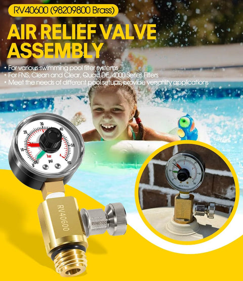 Brass air relief valve assembly with pressure gauge for pool and spa filter, RV40600 high-flow.