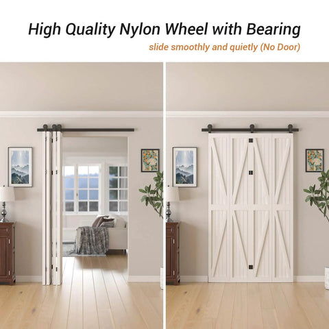 52 Inch Bi Folding Barn Door Hardware Track Kit For Four Doors Under 12.5 Inches Wide Panels Accordion Style Space Saving Heavy Duty Track System With Smooth Operation Doors Not Included installed in a room
