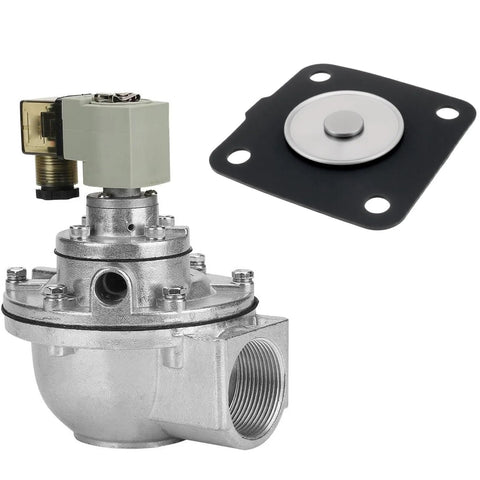 1-inch pulse valve with diaphragm plate; metal valve body, green solenoid, and black mounting gasket.