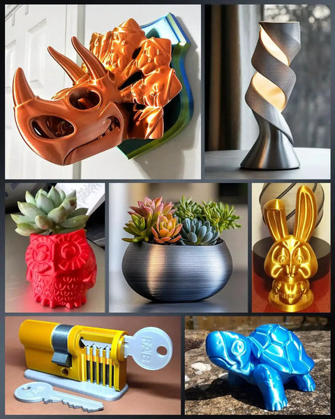 Collage of 3D printed art pieces including a silver spiral vase, animal figurines, and multi-colored planters using Silk Silver PLA Filament 1.75mm 1Kg For Glossy Smooth Silk Finish.