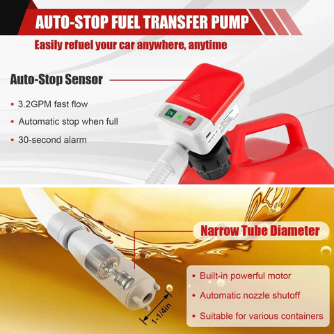 Portable Fuel Transfer Pump With Auto Stop Sensor 3.2 GPM 51 Inch Hose Gas Can Pump with adapters and auto-stop feature visible