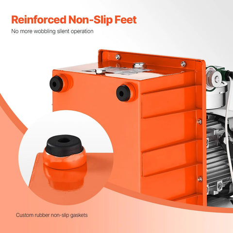 Hydraulic electric pump with orange housing, side-mounted motor, and reinforced non-slip feet.