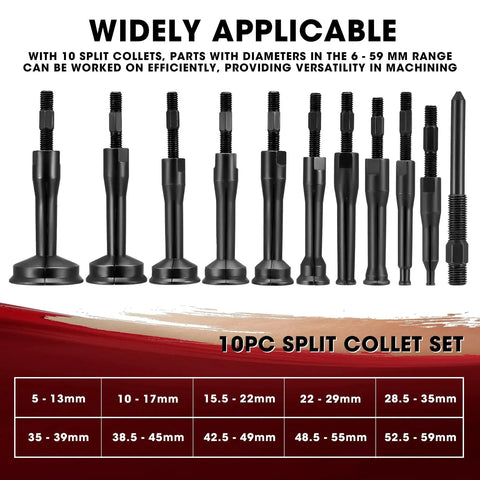 10 split collets in 16-Piece Blind Hole Collet Bearing Race And Seal Puller Kit, sizes from 5-59 mm, shown with screw adapters, red background