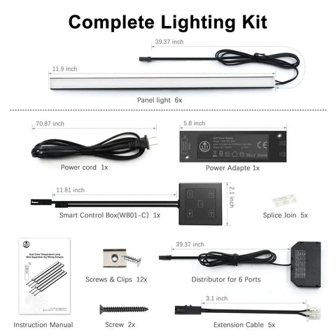 Complete lighting kit for Six Pack Under Cabinet Lighting With Touch Control LED Light Bars, includes power cord, adapter, and control box.