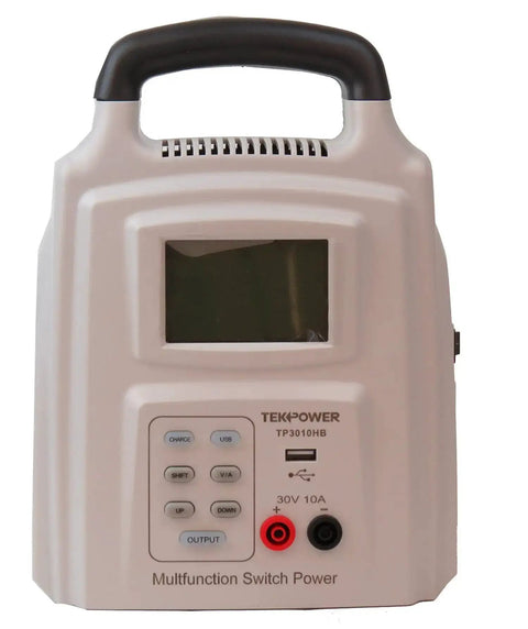 Front view of 2 In 1 Adjustable DC Power Supply And Battery Charger 0 To 30V 0 To 10A with 5V USB output, large LCD display.