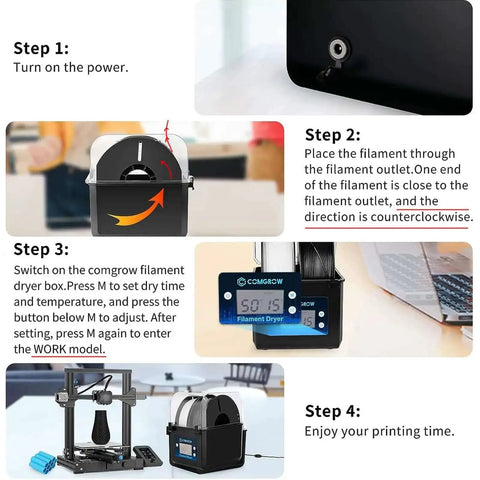 Steps to use 3D Printer Filament Dryer Box With Huge Storage For 1Kg Spools, Keeps Filaments Dry Through Prints, Compatible With 1.75mm And 2.85mm PLA ABS Silk Filaments, Filament Dehydrator With Spool Holder.