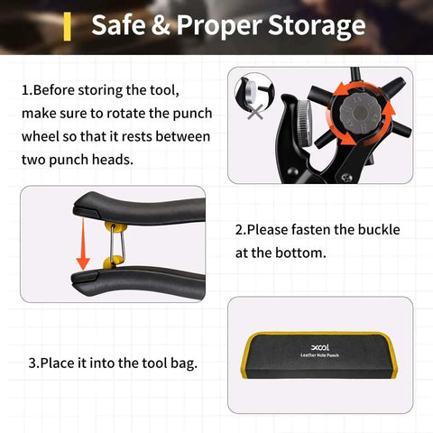 Instruction guide for storing Long Handle Revolving Leather Hole Punch Kit for Belts Watch Bands Straps with tool bag