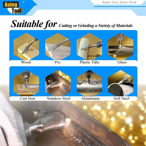 8 Piece Carbide Burr Set With 1 Quarter Inch Shank Double Cut Tungsten Carbide Rotary Files for various materials like wood, PVC, and metal.