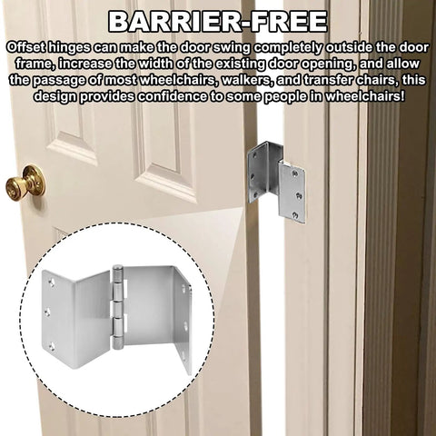 Expandable Handicap Door Hinges Offset Two Swing Hinges In Satin Chrome For Wheelchair Accessibility Opens 90 Degrees