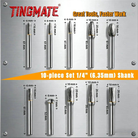 Tungsten Carbide Burr Set Ten Pieces Pro Grade One Quarter Inch Shank Double Cut Double Spiral Groove High Hardness Rotary Die Grinder Bits
