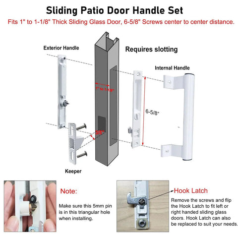Sliding Glass Door Handle Set With Lock For Patio Doors Easy To Install Replacement For Damaged Hardware Exterior Lock For Security Fits One To One And One Eighth Inch Thick Doors Six And Five Eighths Inch Screw Hole Spacing Black Finish, installation diagram with parts labeled.