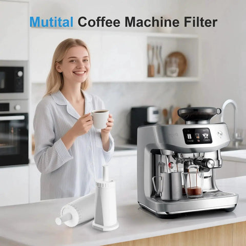 Mutital water filter three-piece set for Breville espresso machines; white plastic components shown on kitchen counter beside the machine.
