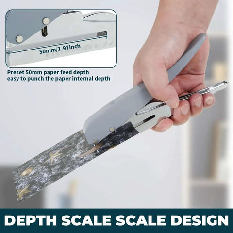 Person using Heavy Duty Handheld Hole Puncher with preset depth scale, built tough with 0.12, 0.24, and 0.31 inch hole sizes for 25 sheets.