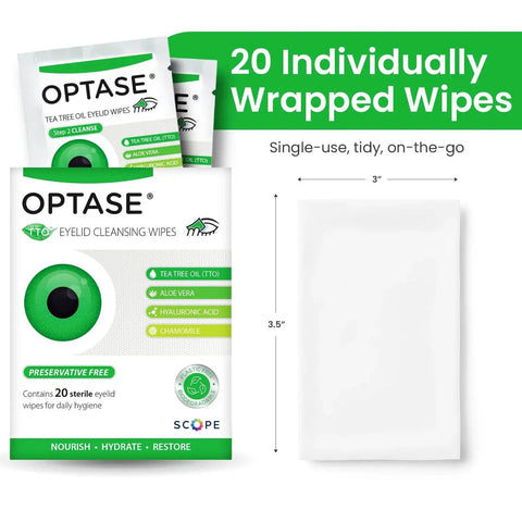 Tea Tree Oil Eyelid Cleansing Wipes Wrapped Preservative Free For Daily Use packaging with single wipe display