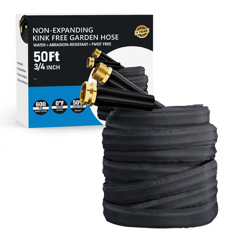 Haeteir 50ft non-expanding garden hose 3/4-inch with brass connectors, black fabric exterior, Amazon box.