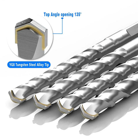 Close-up of 10 Piece SDS Plus Drill Bit Set Carbide Tipped, showing tungsten steel alloy tip and 135° angle for rotary hammer drills.