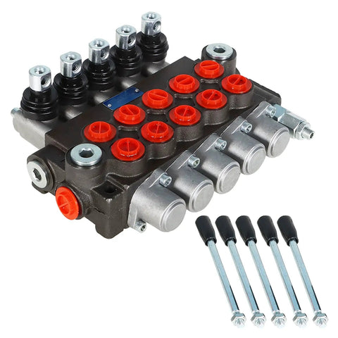 Five Spool Hydraulic Valve For Tractors And Loaders With SAE Ports, Delivers Up To 13 GPM Flow At 3600 PSI, viewed from above