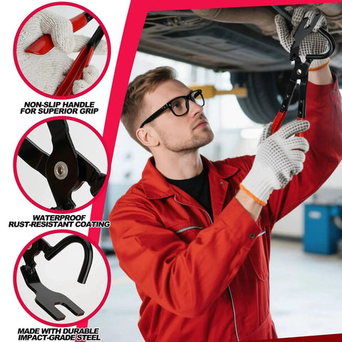 Mechanic using Exhaust Hanger Removal Tool Non Slip Grip Heavy Duty 25 Degree Offset Jaw to detach rubber hanger from exhaust system.