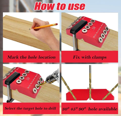30 45 90 Degree Drill Guide Jig With Four Drill Bits for Angled or Straight Holes used for drilling in deck stair handrails