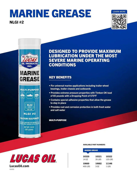 Marine Grease 10320 Heavy Duty Overbased Calcium Sulfonate Formula 14 Ounce Tube 2 Pack Special in packaging on a display board with product details.