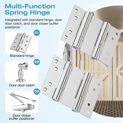 Heavy Duty 3 Inch Double Spring Hinge Set In 304 Stainless Steel With Integrated Tension Adjustment No Fixing Pin Needed For Doors 20 To 36mm Thick Ranbo Each Pair Supports Up To 25kg displayed with door accessories and buffer positioner.
