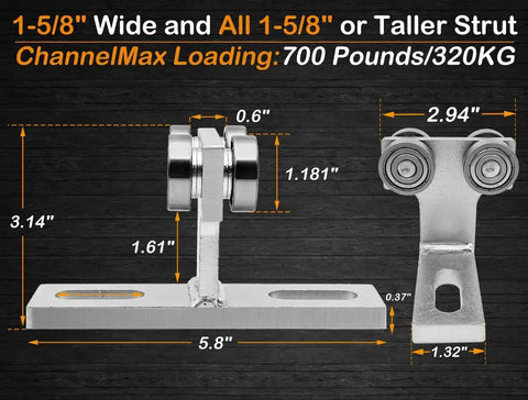 4 Wheel Trolley Assembly For 1-5/8 Inch Unistrut Channel Galvanized Steel Silent Operation High Load Capacity Up To 1000 Pounds Per Trolley Pack Of 2 Ideal For Industrial Applications And Smooth Quiet Performance In Harsh Environments featuring measurements and design details
