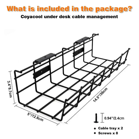 Under Desk Cable Management Tray 2 Pack Heavy Duty Metal Wire Cord Organizer dimensions and included components shown