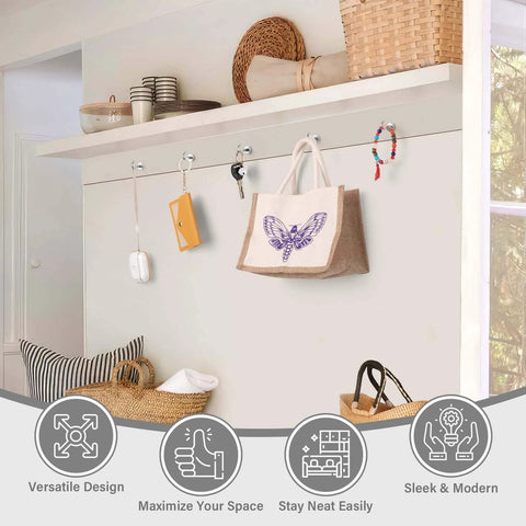 Wall-mounted storage hooks holding bags with wicker baskets on a shelf, emphasizing versatility and modern design.