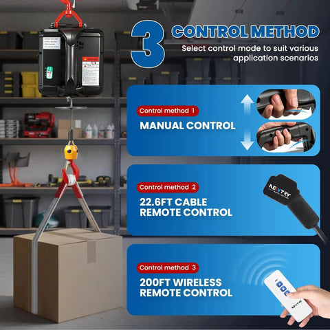 3 In 1 Electric Hoist Winch With Wireless And Cable Remote 1100 Lb Lift in workshop, showcasing three control methods.