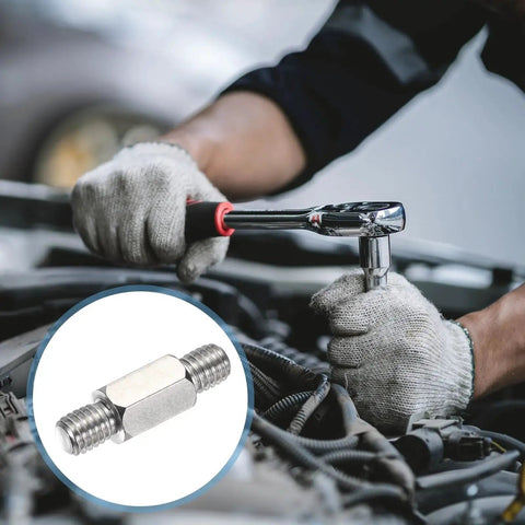 Mechanic using tools with a Stainless Steel Double End Studs M6 7mm Ends, 12mm Center, Male To Male Rods inset.