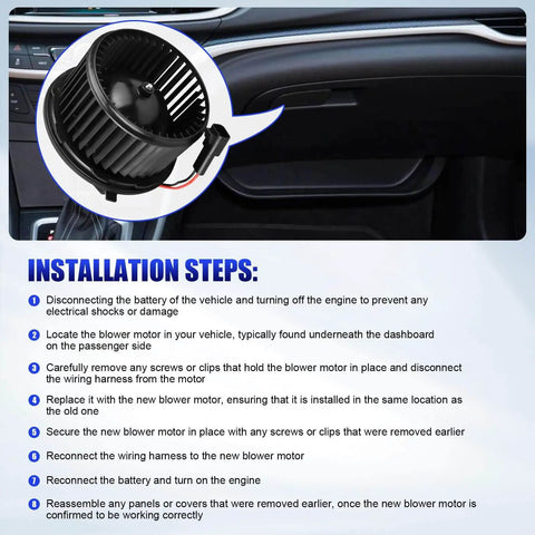 Installation steps for Front HVAC Blower Motor With Fan Replacement For 2007 2014 Chevy Silverado 1500 2500 3500 Suburban Tahoe Avalanche GMC Sierra Yukon Cadillac Escalade Easy Install Direct Swap