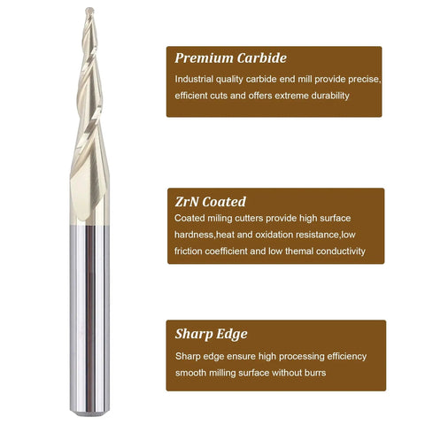 Tapered Ball Nose End Mill For 3D Carving With One Quarter Inch Shank And One Thirty Second Inch Radius ZrN Coated Two Flute Router Bit For Engraving And CNC Wood Sign Making SpeTool with product features.