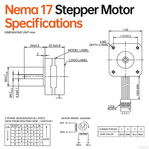 Specifications diagram of 10 Pack Nema 17 Stepper Motor 2 Phase 1.8 Degree High Torque Bipolar 0.16 Nm 0.8 A for 3D printers