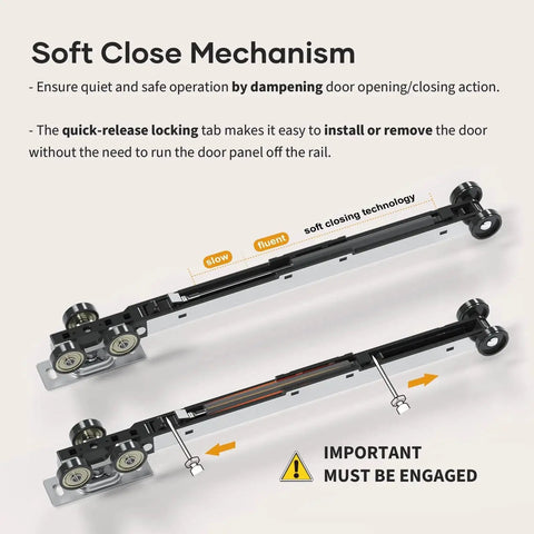 Close-up of soft close mechanism for 30X80 Inch Pocket Door Frame Kit With Two Way Soft Close For 2X4 Stud Walls Aluminum Track Sliding Hardware.