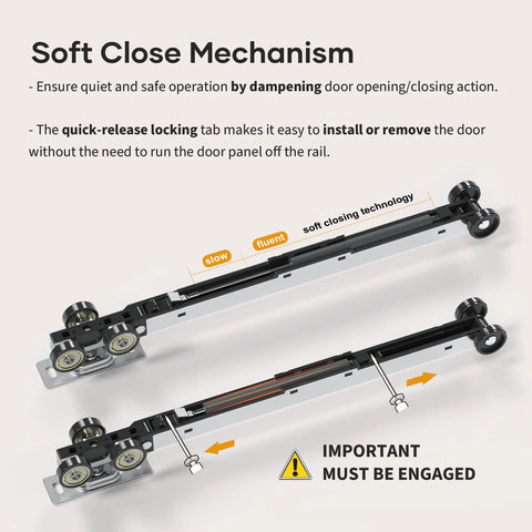 4Ft Sliding Pocket Door Hardware Kit With Soft Close, Aluminum Box Rail, Easy Install mechanism displayed with locking tabs