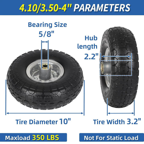 Flat Free Solid Tire And Wheel Set For Hand Trucks And Garden Carts, 10 Inch Diameter, side and front view, measurements labeled