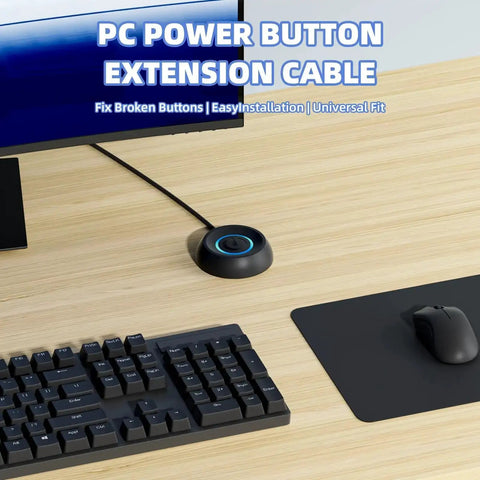 External Desktop PC Power Button With 118-Inch Cable And LED Indicator, deskside switch shown installed beside keyboard