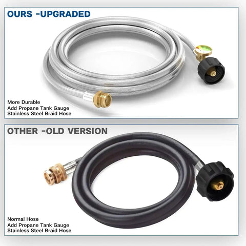 Comparison of 12Ft Stainless Braided Propane Hose With Gauge Connector 1lb To 20lb Tank Converter versus old rubber version.