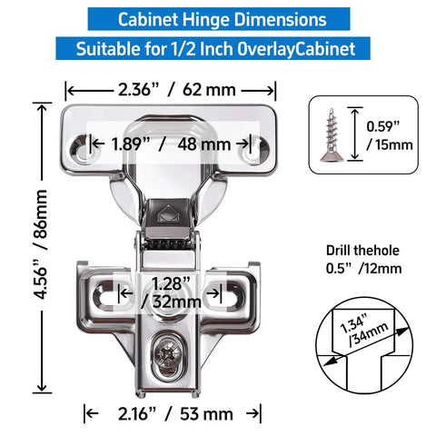 Mirdinner cabinet hinge, stainless steel concealed, 1/2 in overlay, 105° self-closing, 24-pack with mounting screws