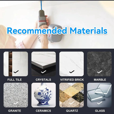 Image showing materials recommended for drilling with Ten Piece Dry Diamond Drill Bits Set With One Quarter Inch Shank for various surfaces.